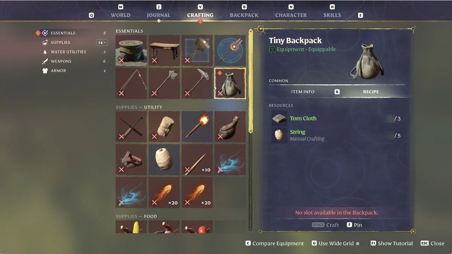 Enshrouded Tiny Backpack recipe needing Torn Cloth and String, showing 'No slot available in the Backpack.'
