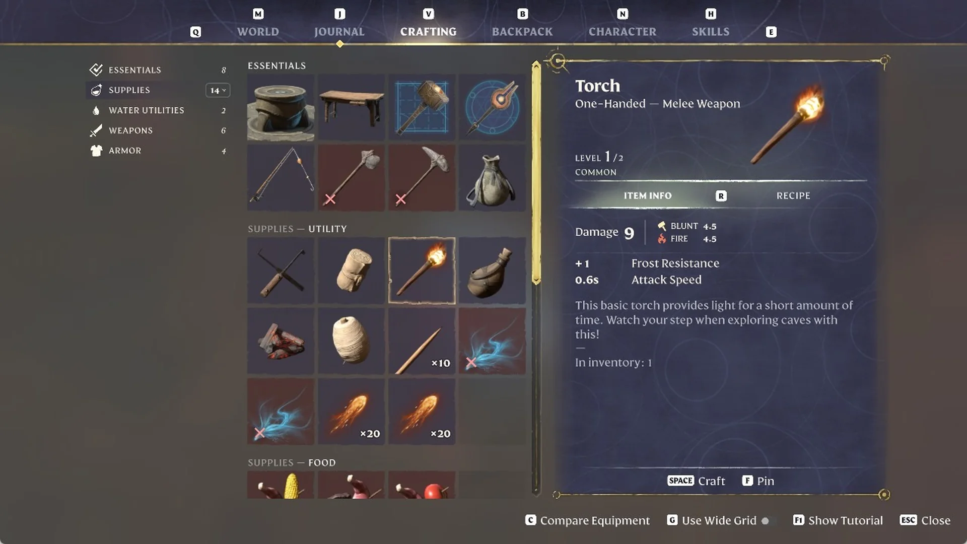 Enshrouded Torch item info showing Damage 9 split into Blunt 4.5 and Fire 4.5