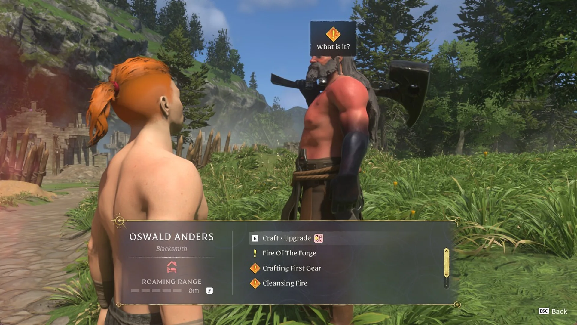 Oswald Anders the Blacksmith dialogue panel in Enshrouded with Craft - Upgrade at the top of the list