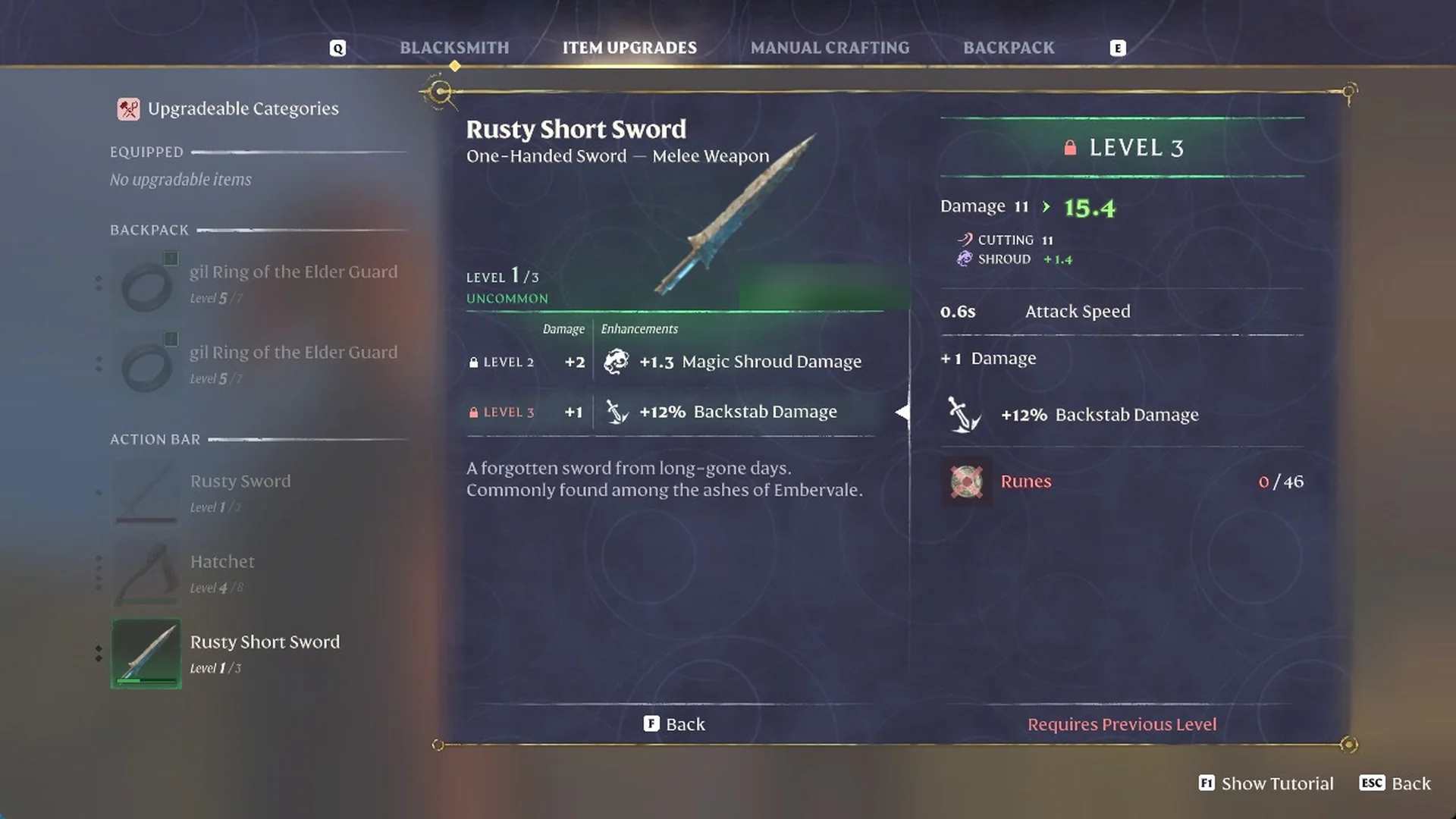 Item Upgrades screen in Enshrouded 1.0 for the Rusty Short Sword Level 3 costing 46 Runes with Requires Previous Level