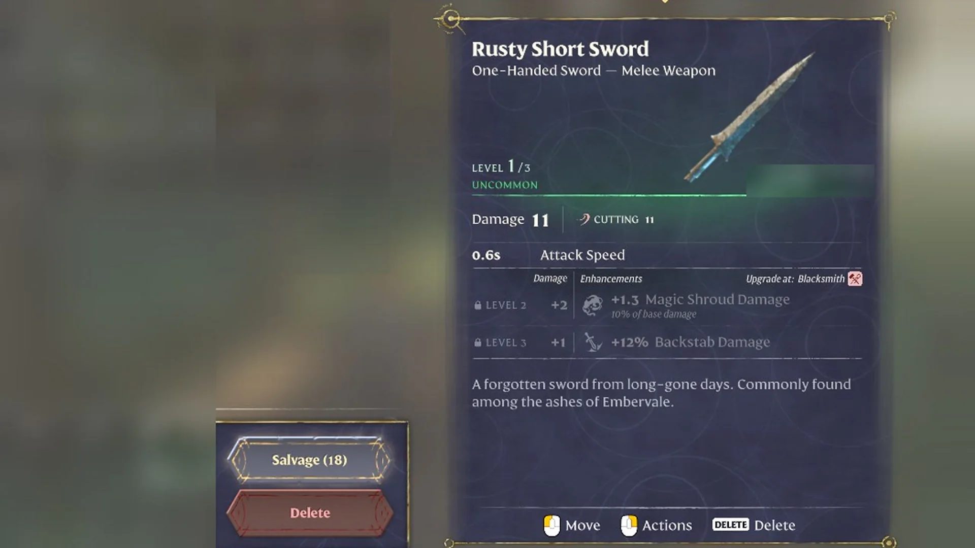 Backpack tooltip of the Rusty Short Sword in Enshrouded 1.0 showing Level 1/3, the enhancements for Levels 2 and 3 and Upgrade at Blacksmith