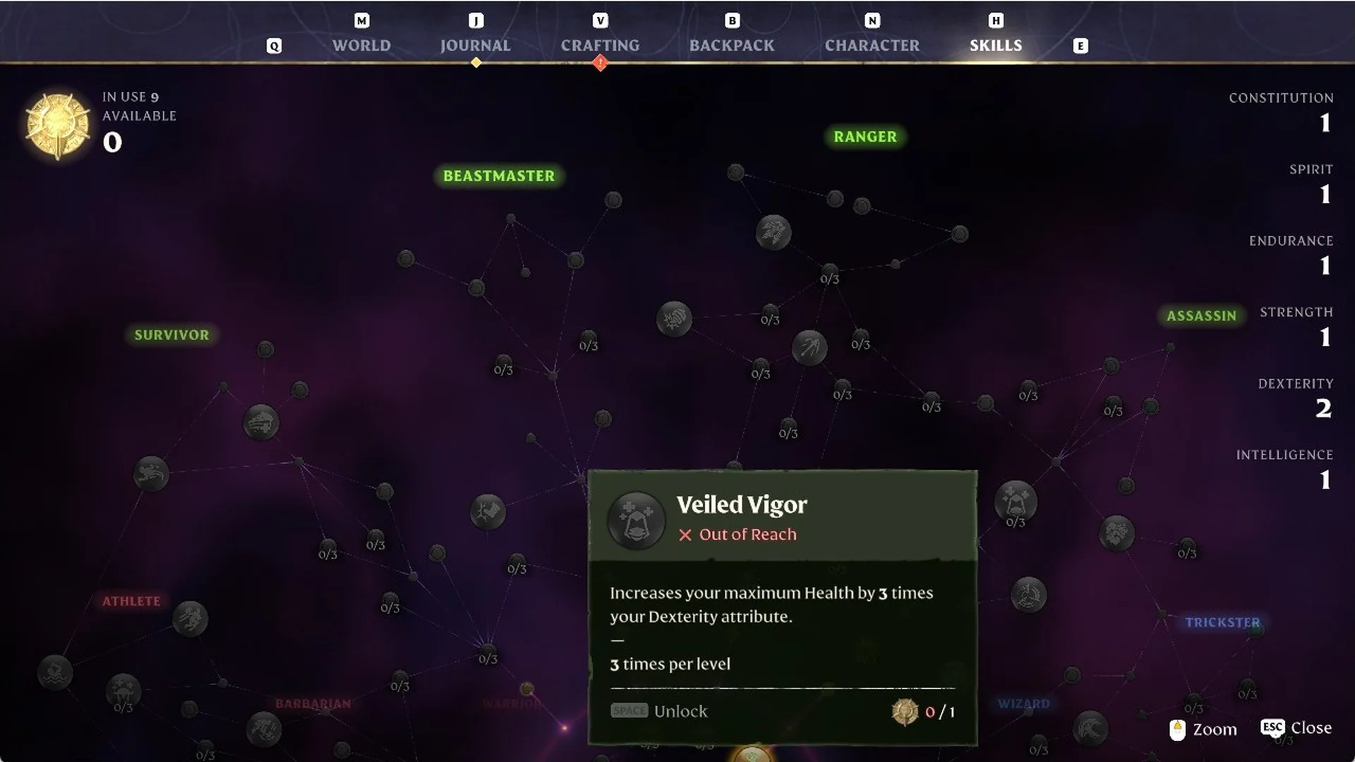 Veiled Vigor skill card in Enshrouded raising maximum Health by 3 times Dexterity