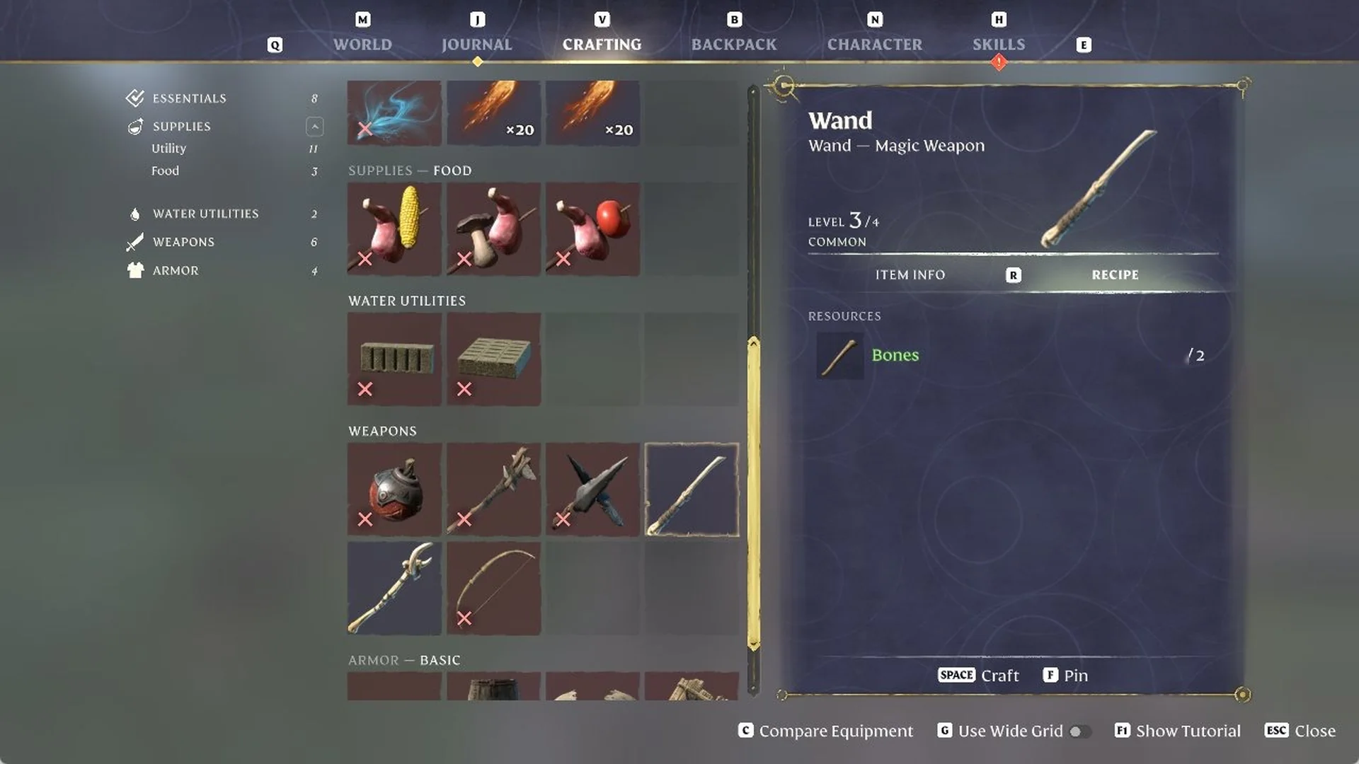 Enshrouded hand crafting menu showing the 'Wand - Magic Weapon' recipe card listing Bones
