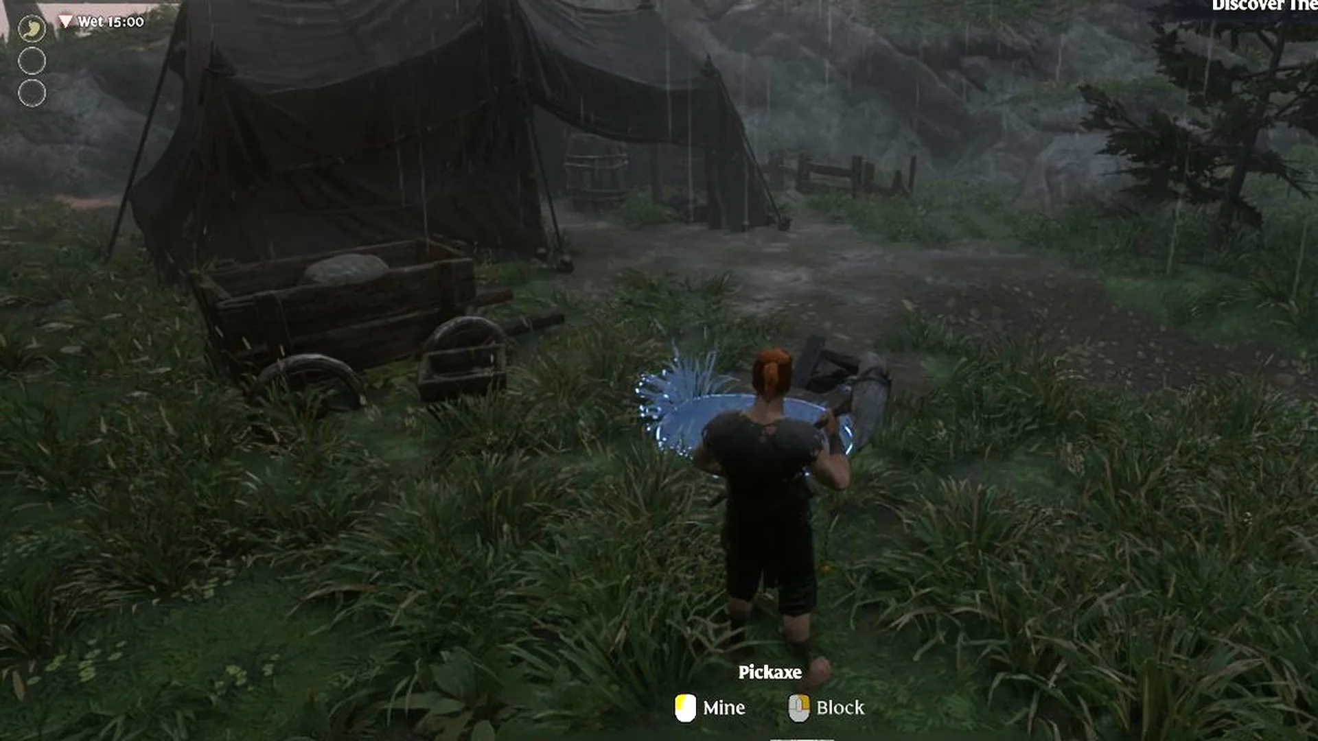 Enshrouded rain at an abandoned Springlands camp with a tent and cart, HUD showing 'Wet 15:00'