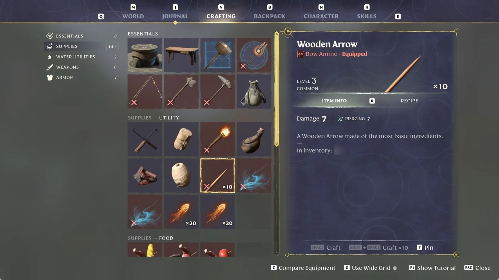 Enshrouded Wooden Arrow item info showing 'Bow Ammo · Equipped', LEVEL 3, Damage 7, PIERCING 7