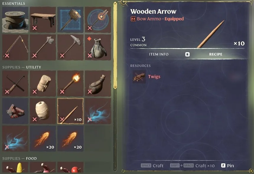 Wooden Arrow recipe card in the Crafting menu under Supplies - Utility