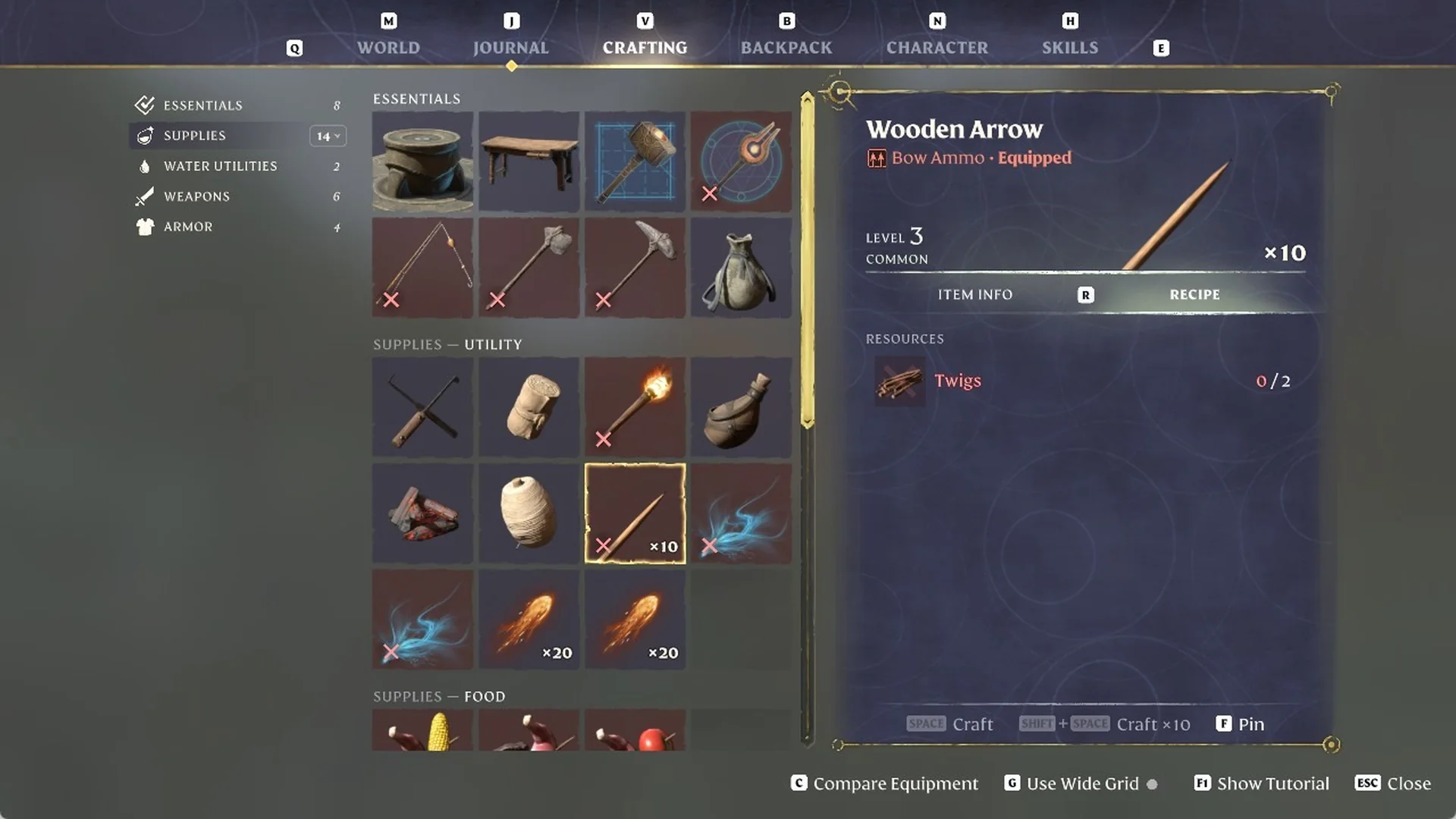 Enshrouded Wooden Arrow recipe showing Twigs in red at 0 / 2, Craft greyed out