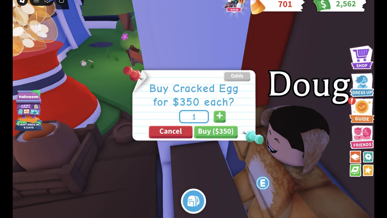 Buy Cracked Egg prompt with quantity 1 and a green Buy ($350) button