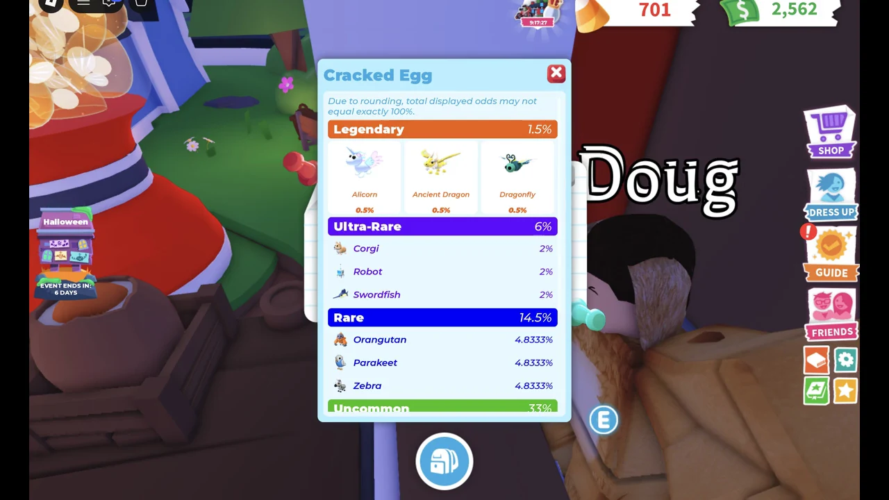 Cracked Egg odds panel listing pet rarity chances