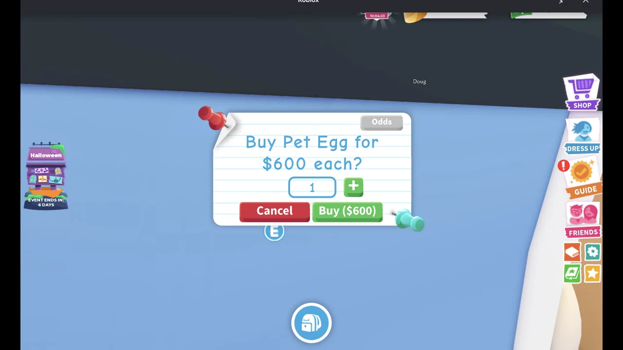 Buy Pet Egg card with quantity 1 and a Buy ($600) button