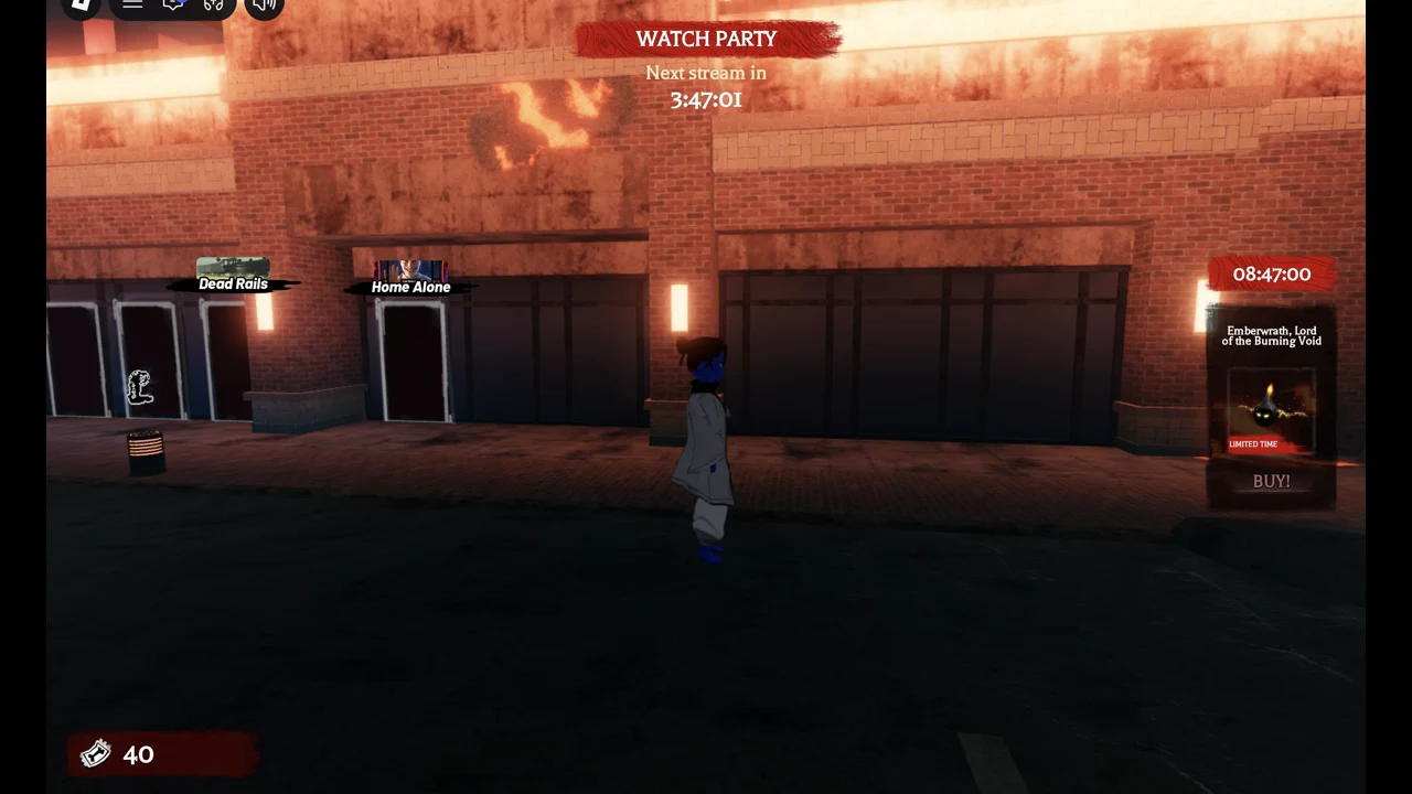Avatar in front of the Dead Rails and Home Alone doors in The Hollow hub