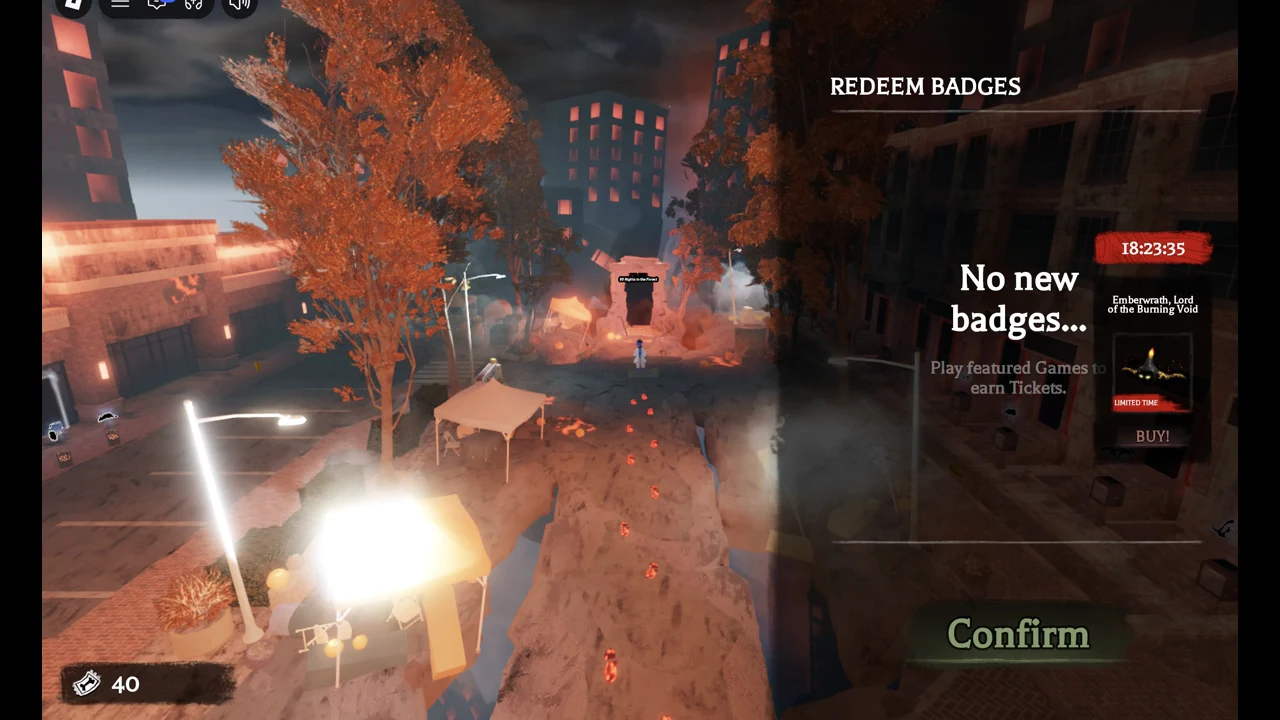 REDEEM BADGES panel showing no new badges and a Confirm button