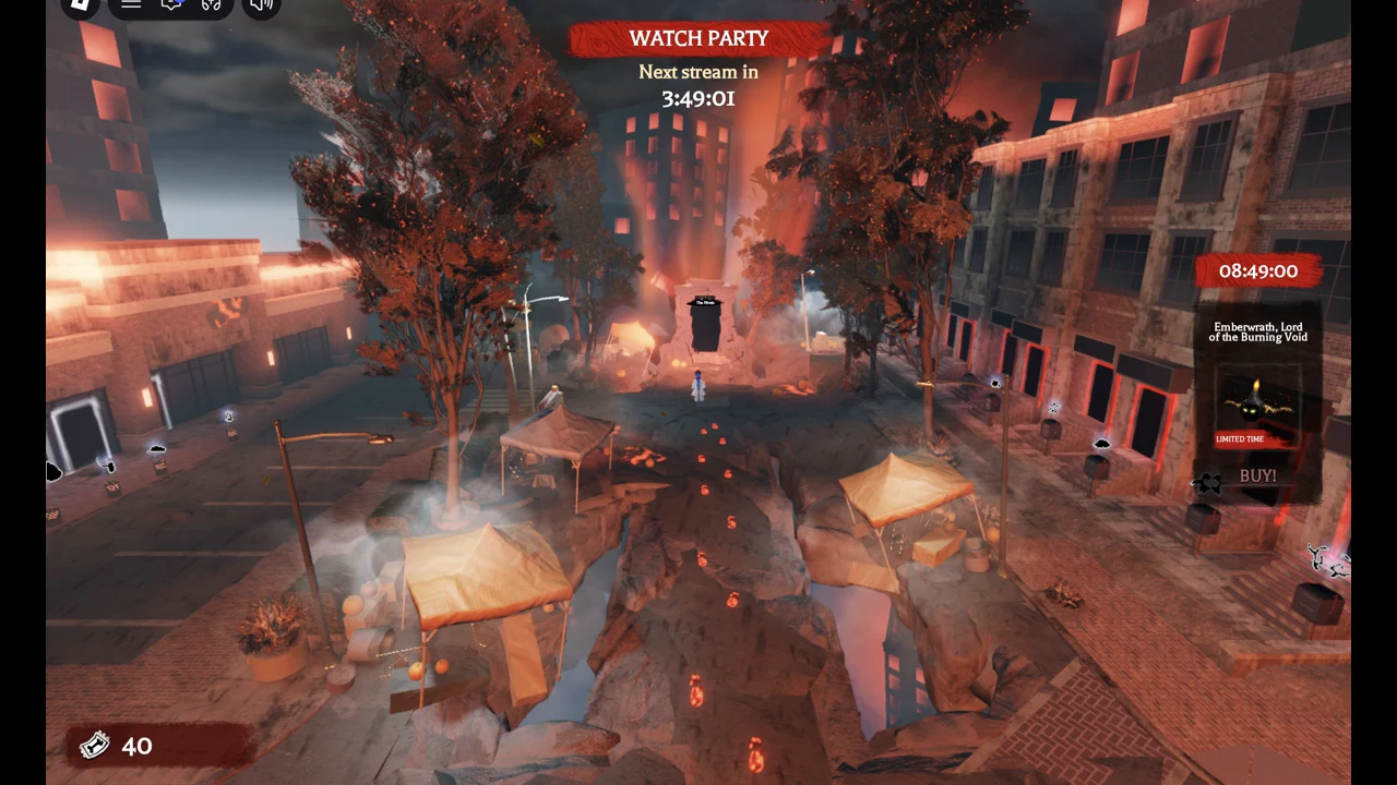 Wide view of The Hollow hub street with tents, glowing footprints and streetlights
