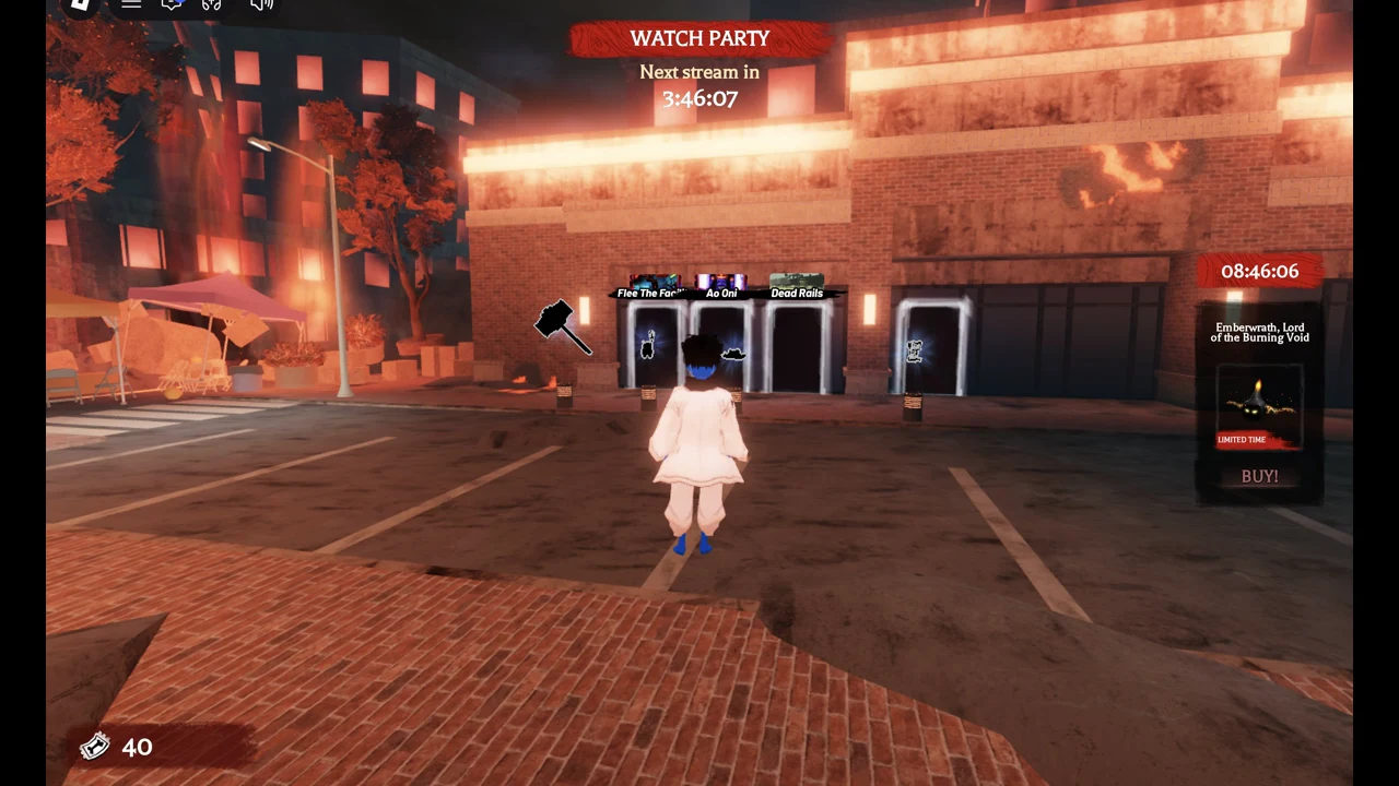 Brick building with the Flee The Facility, Ao Oni and Dead Rails doors and item silhouettes beside them