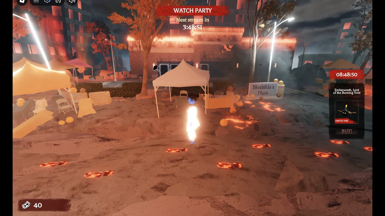 Avatar standing in Bloxhilda's Plaza near the tents and the glowing footprint trail