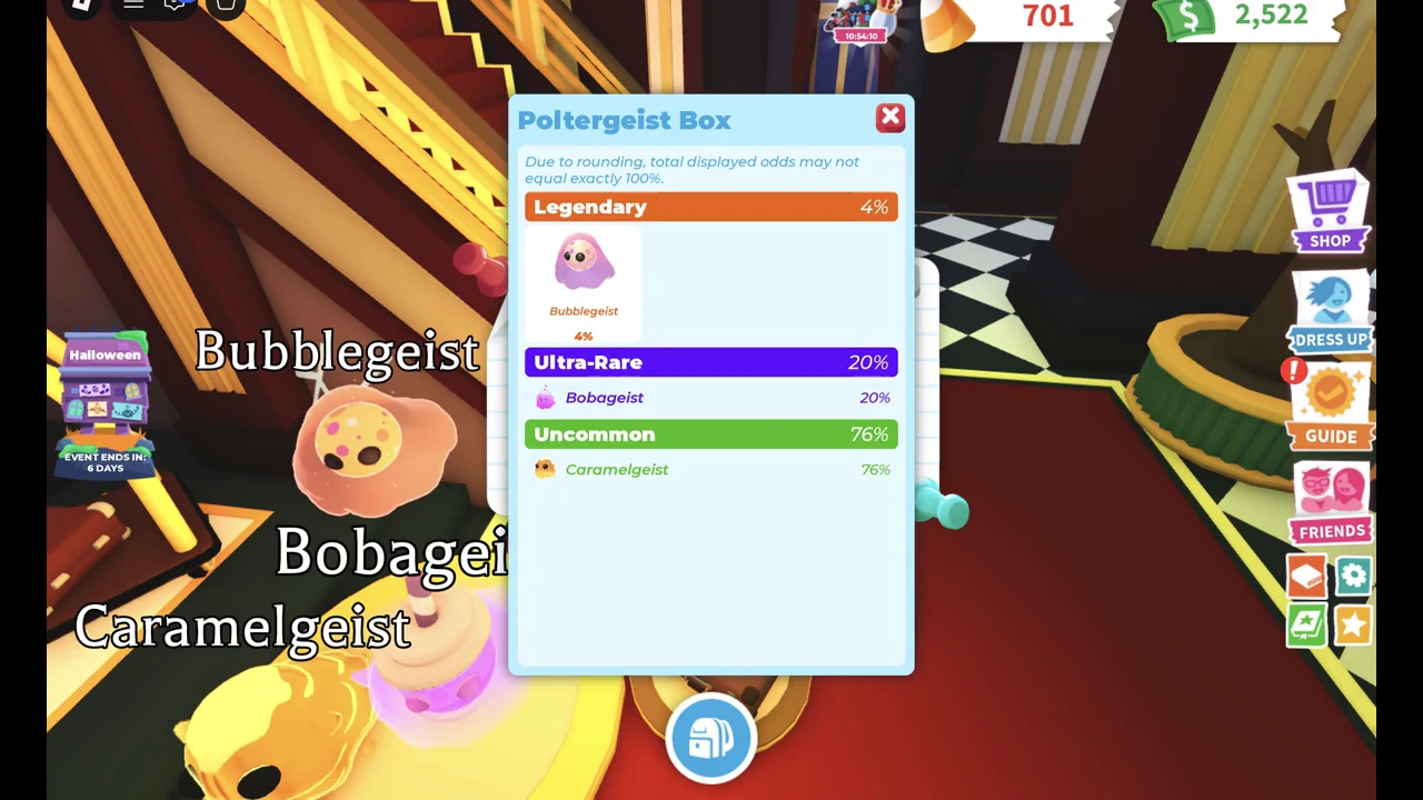 Poltergeist Box odds panel showing Legendary, Ultra-Rare and Uncommon pets with their chances