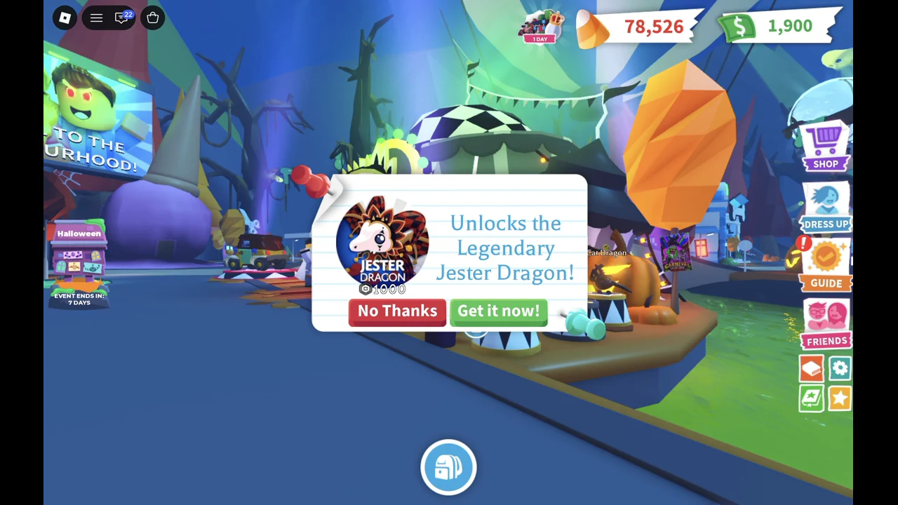 Jester Dragon offer card with No Thanks and Get it now! buttons at the Carnival entrance