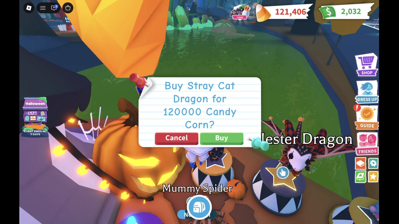 Prompt to buy the Stray Cat Dragon for 120,000 Candy Corn with a green Buy button