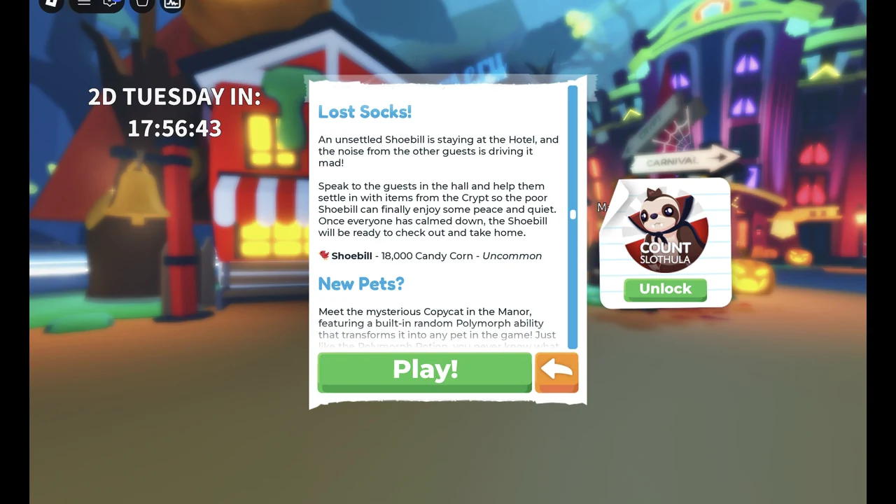 Halloween update notes panel describing the Shoebill task, with a green Play! button