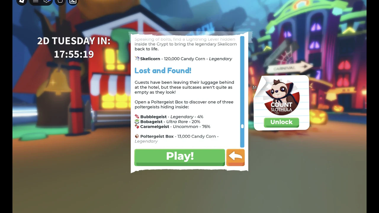 Adopt Me update notes listing Skelicorn at 120,000 Candy Corn and the three Poltergeist Box pets with their odds