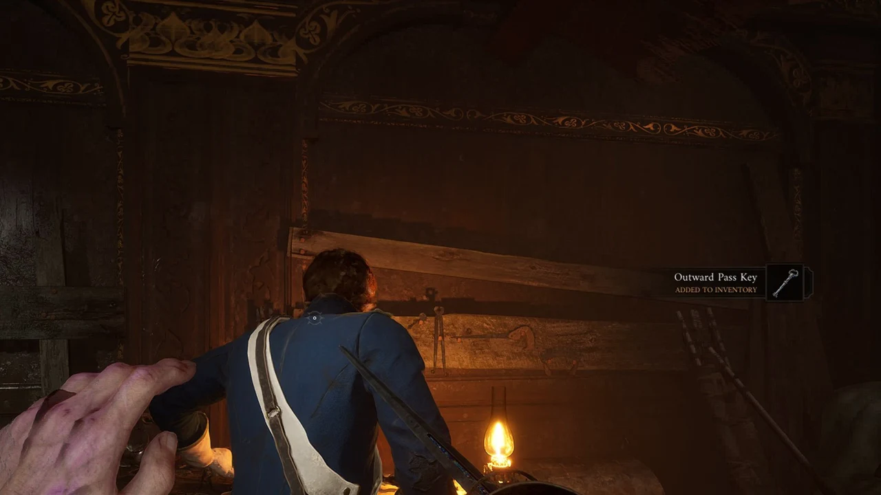 Outward Pass Key added to inventory notification beside a boarded doorway