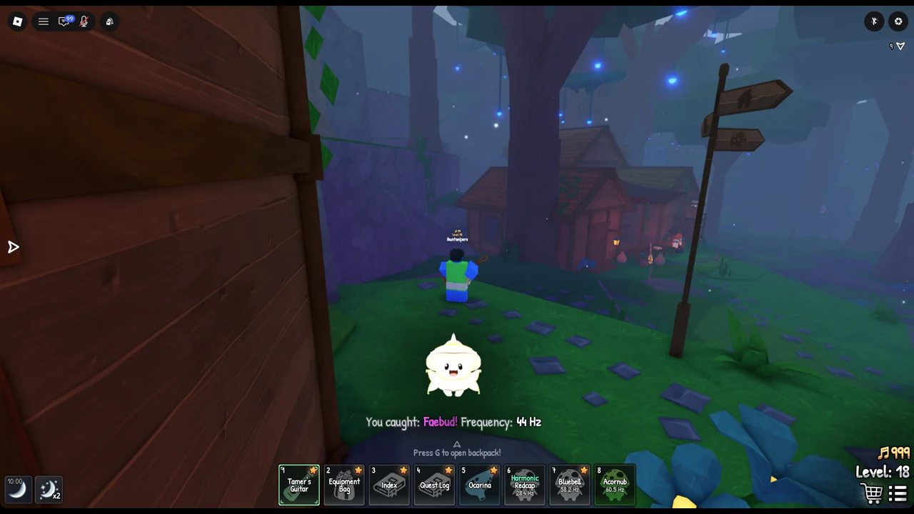 You caught: Faebud! confirmation at 44 Hz with the backpack prompt showing