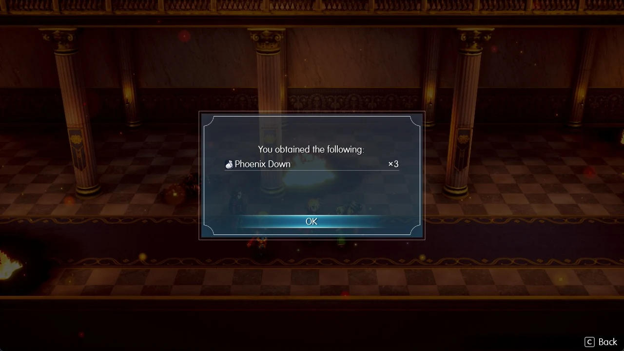 Dimmed hall background with a pop-up reading You obtained the following: Phoenix Down x3 and an OK button.
