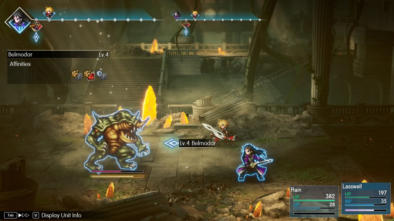 Pixel-art battle in a ruined hall where two heroes face a green horned monster, with turn order bar and affinity panel.