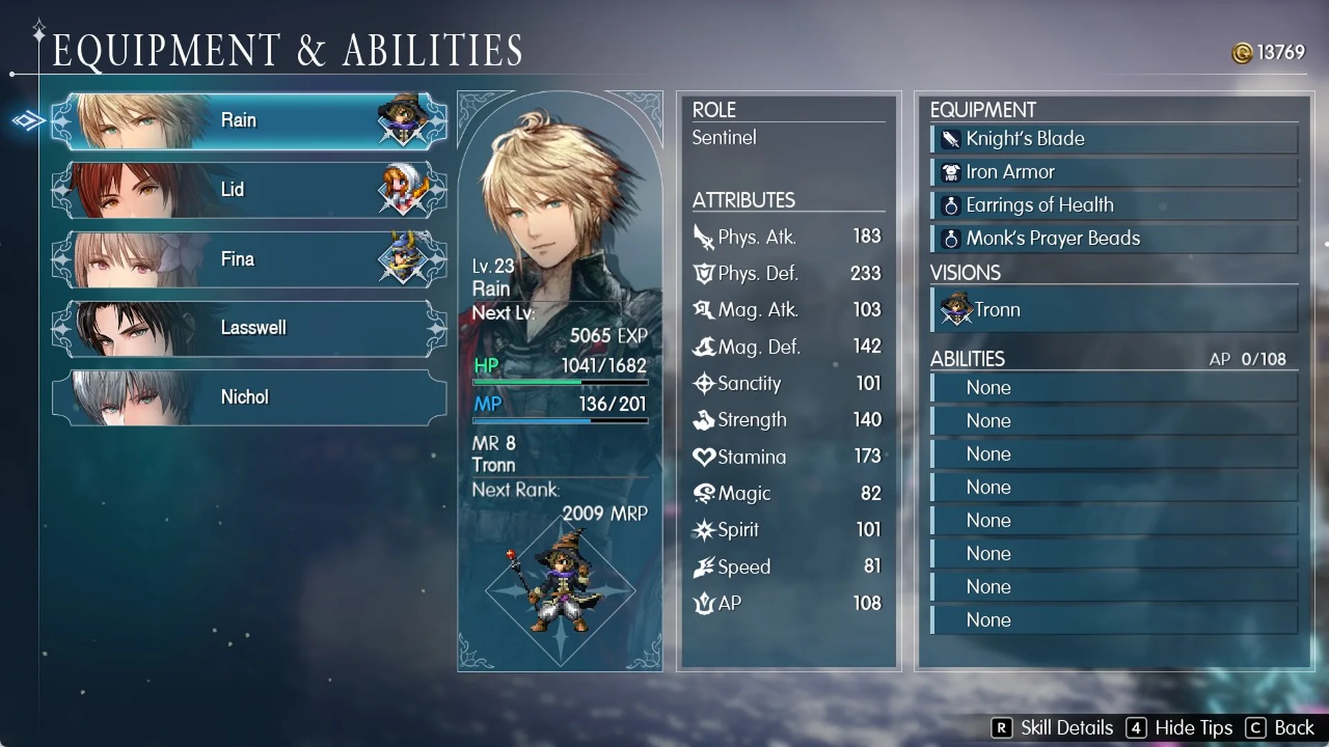 Equipment and Abilities for Rain: eight ability slots set to None, AP 0/108