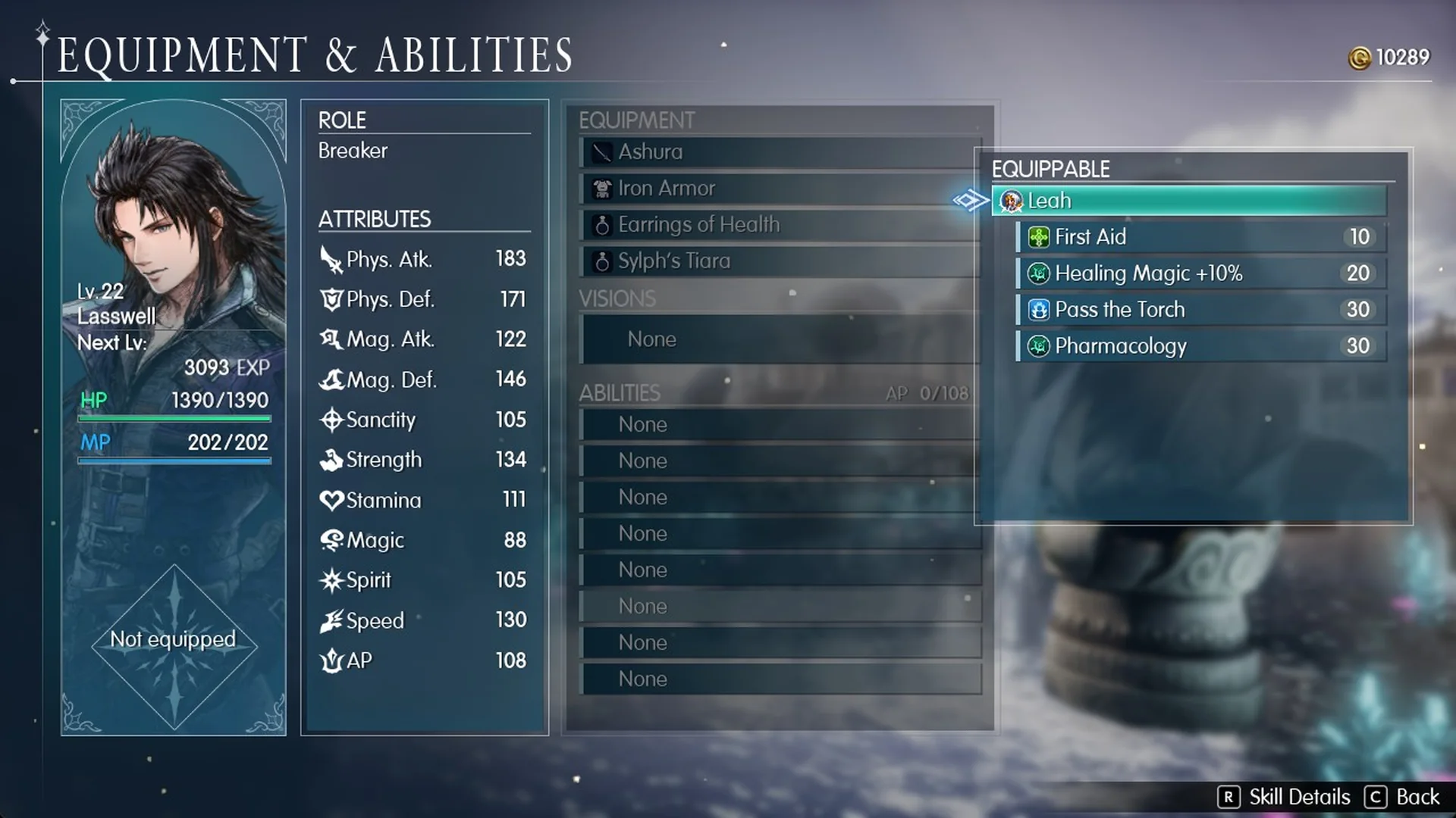 Lasswell with no Vision: Leah's First Aid, Healing Magic +10%, Pass the Torch, Pharmacology