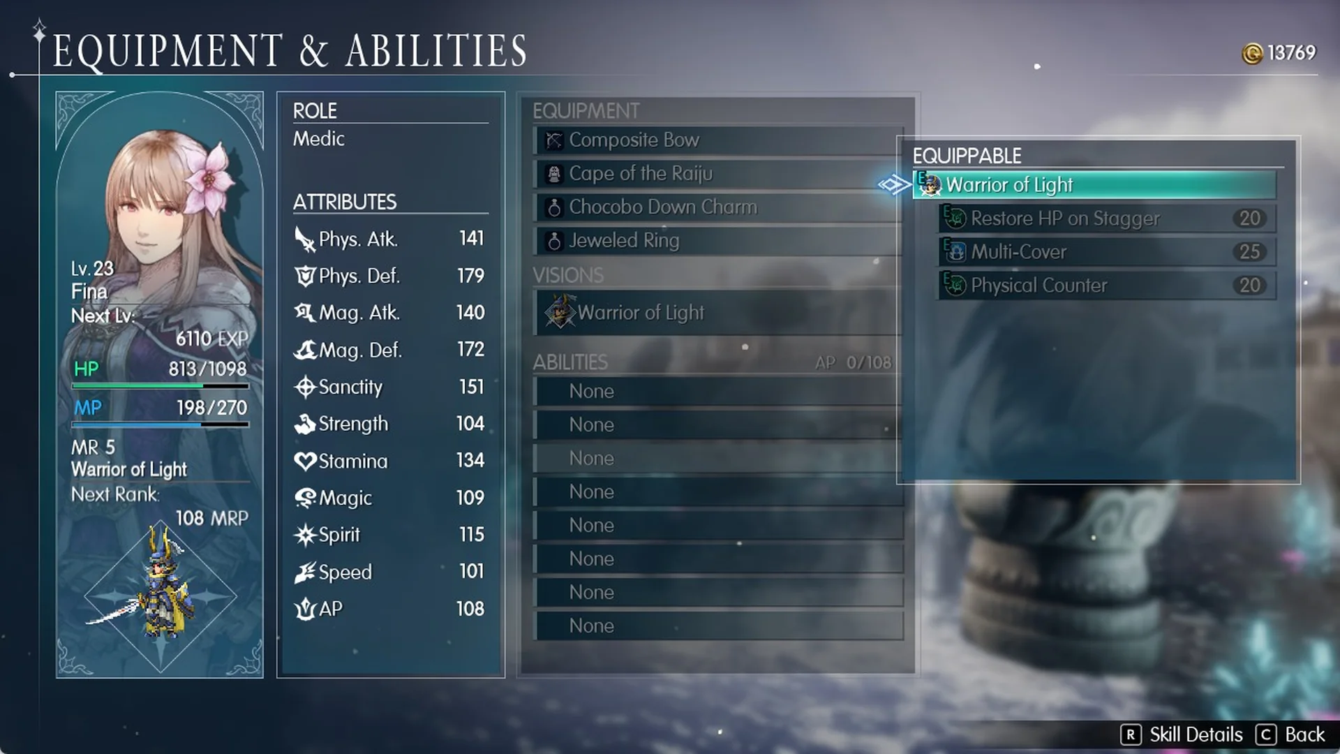 Fina wearing Warrior of Light: Restore HP on Stagger, Multi-Cover, Physical Counter marked E