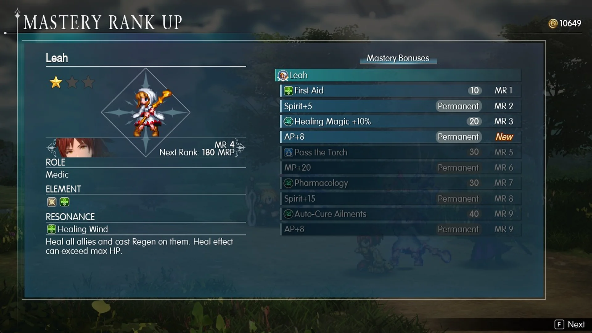 Mastery Rank Up: Leah at MR 4 with the bonus list First Aid to Auto-Cure Ailments