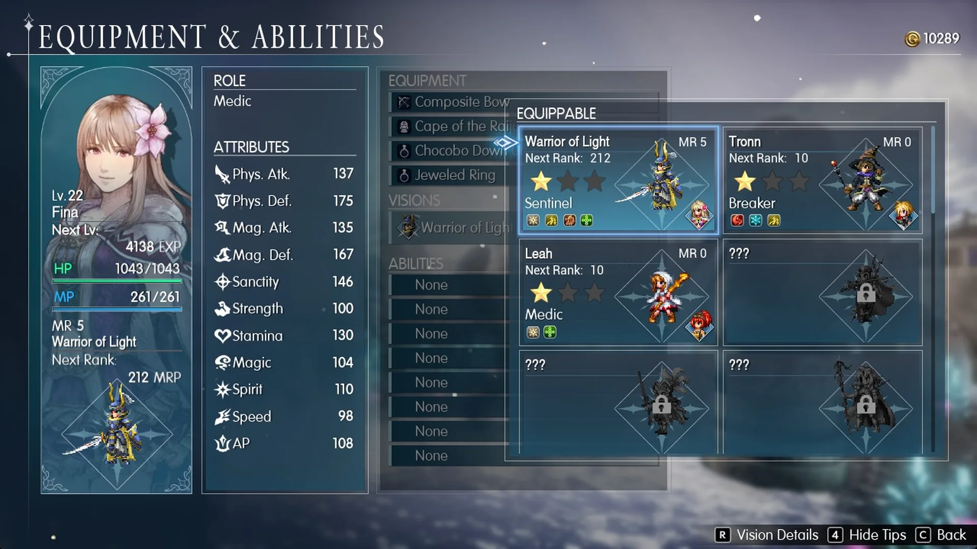 Fina's Vision list: Warrior of Light, Tronn, Leah and locked slots