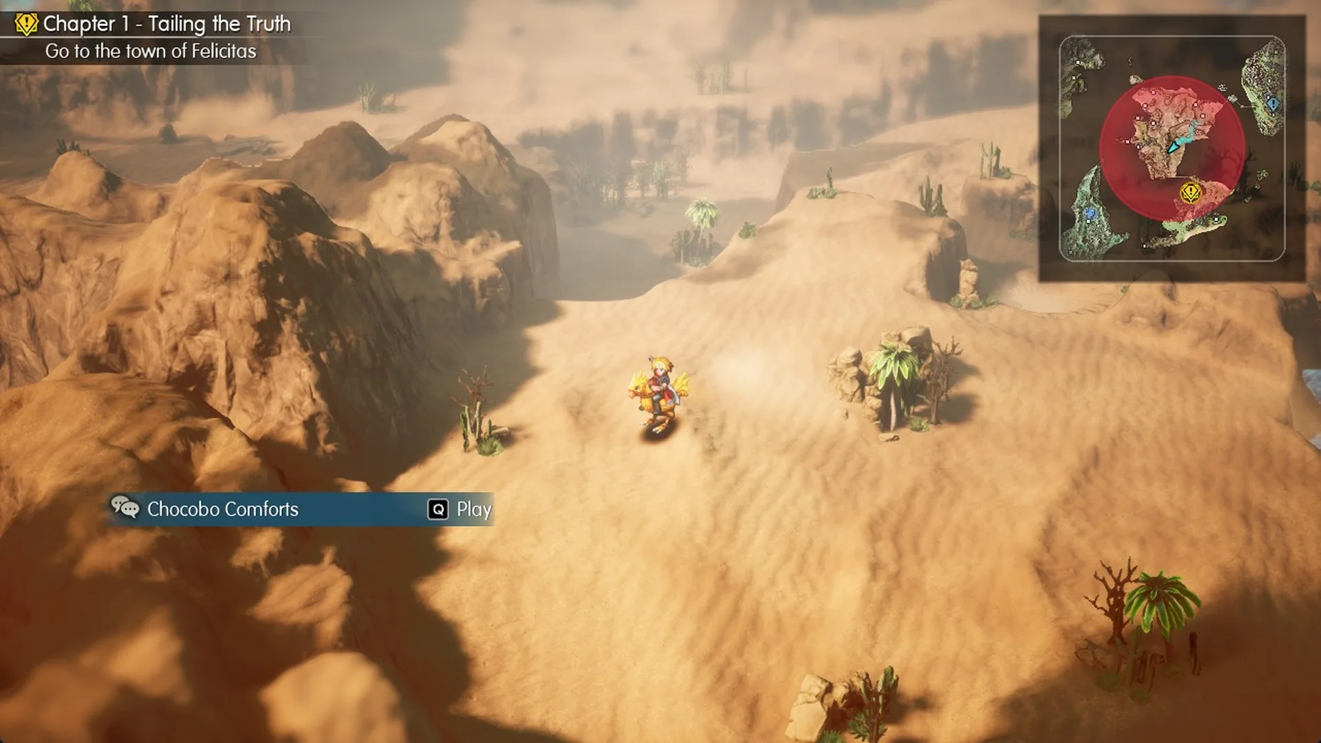 Chocobo Comforts banner with Q Play in the bottom-left corner while riding a chocobo in the desert