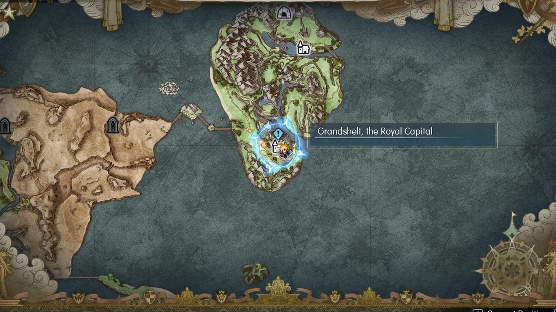 World map of the Kingdom of Grandshelt with the royal capital selected and open sea around the islands in Final Fantasy Resonance