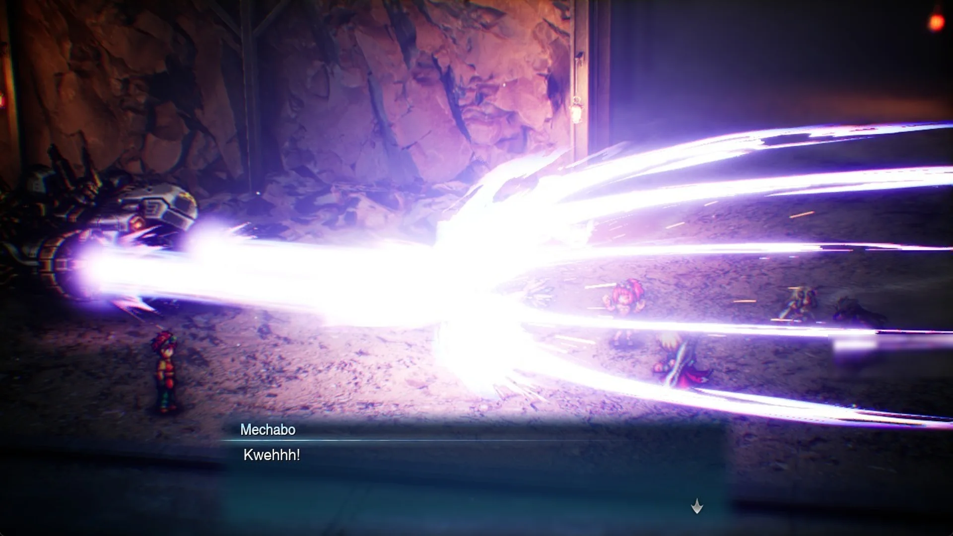 Adrastea's beam lights up the tunnel as Mechabo cries Kwehhh