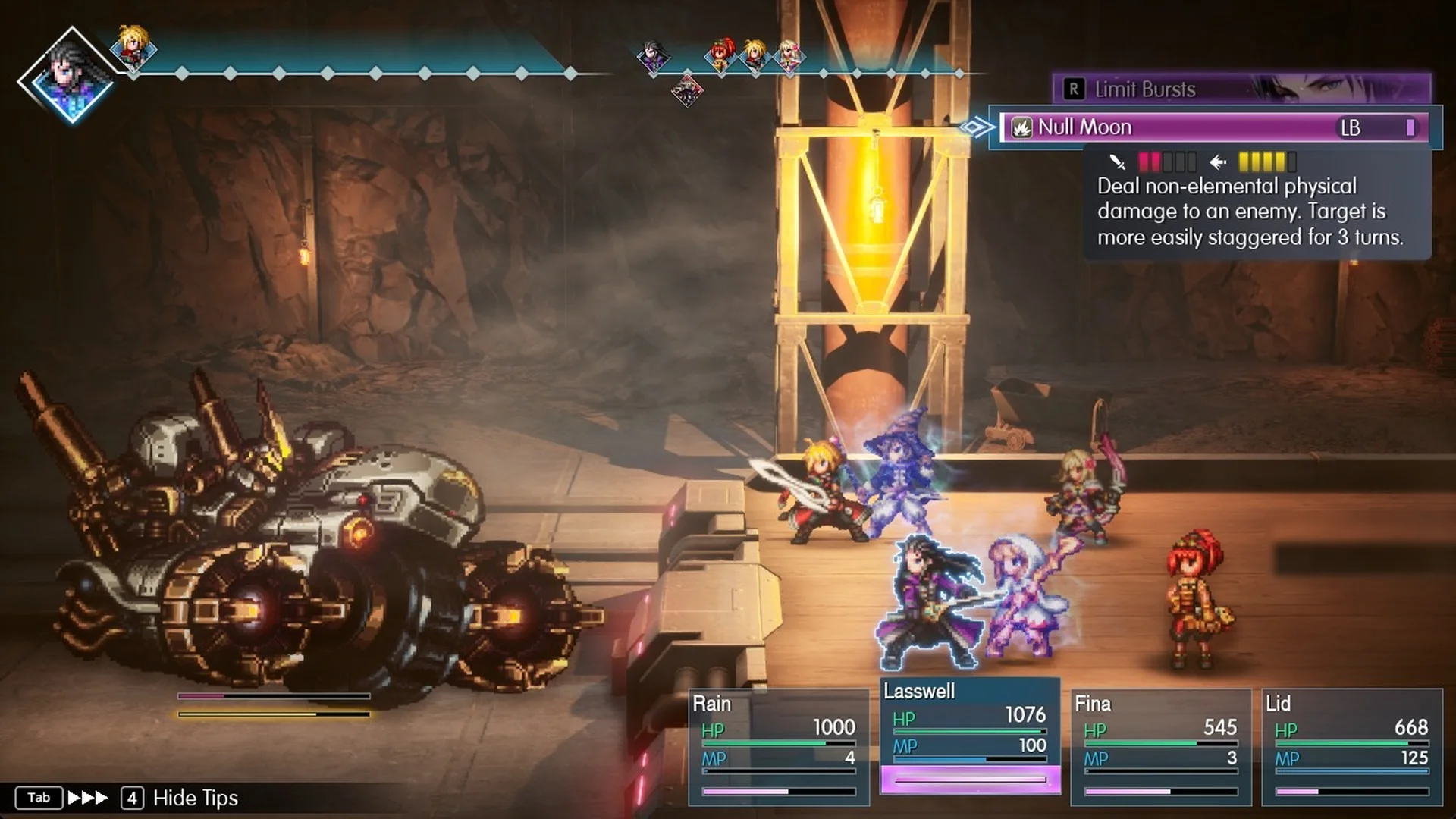 Lasswell's Limit Burst Null Moon with its description in the Limit Bursts menu