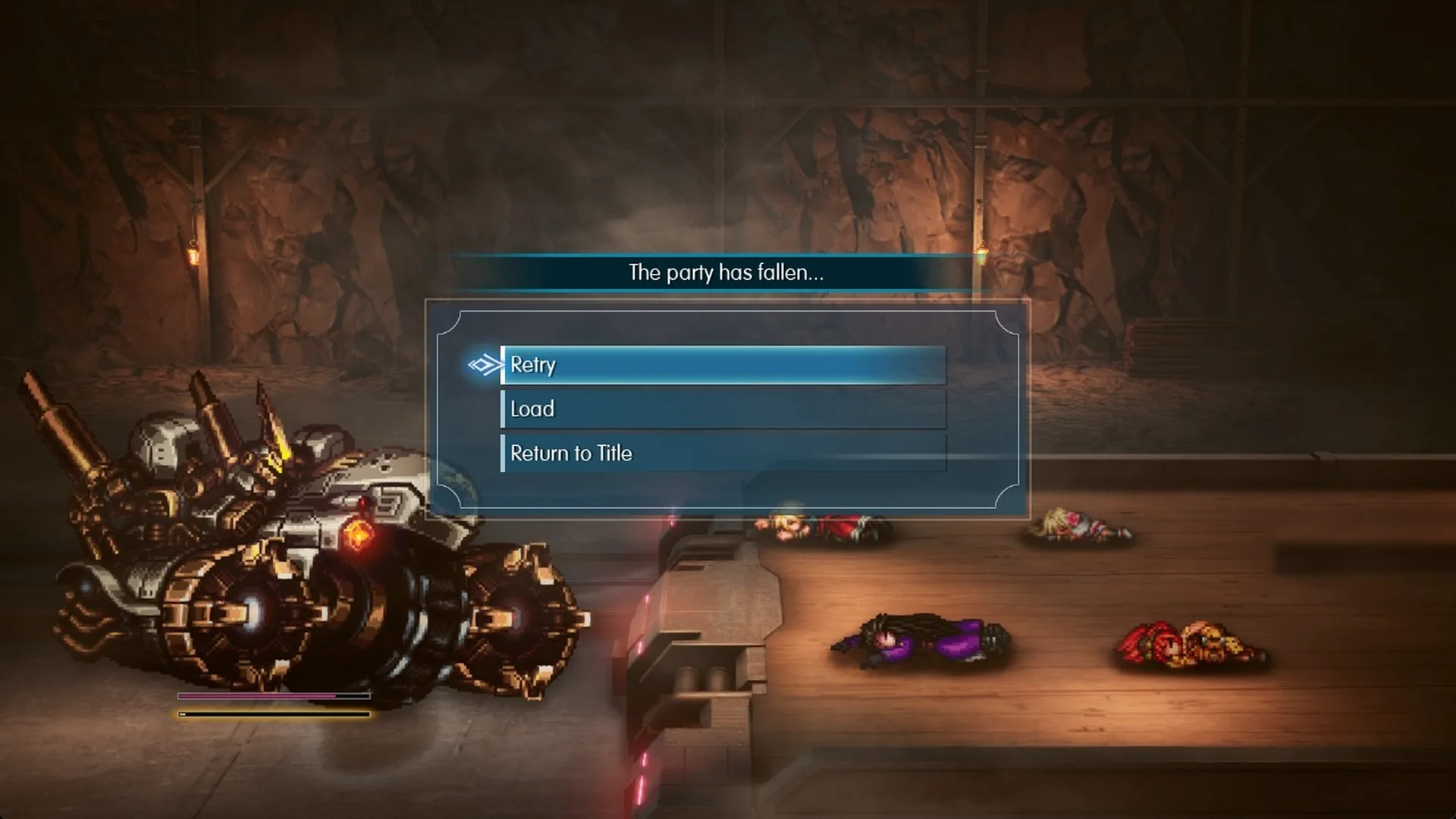 The party has fallen... with Retry, Load and Return to Title
