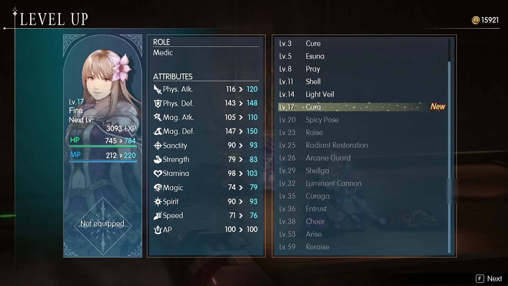 Level Up: Fina reaches level 17 and learns Cura