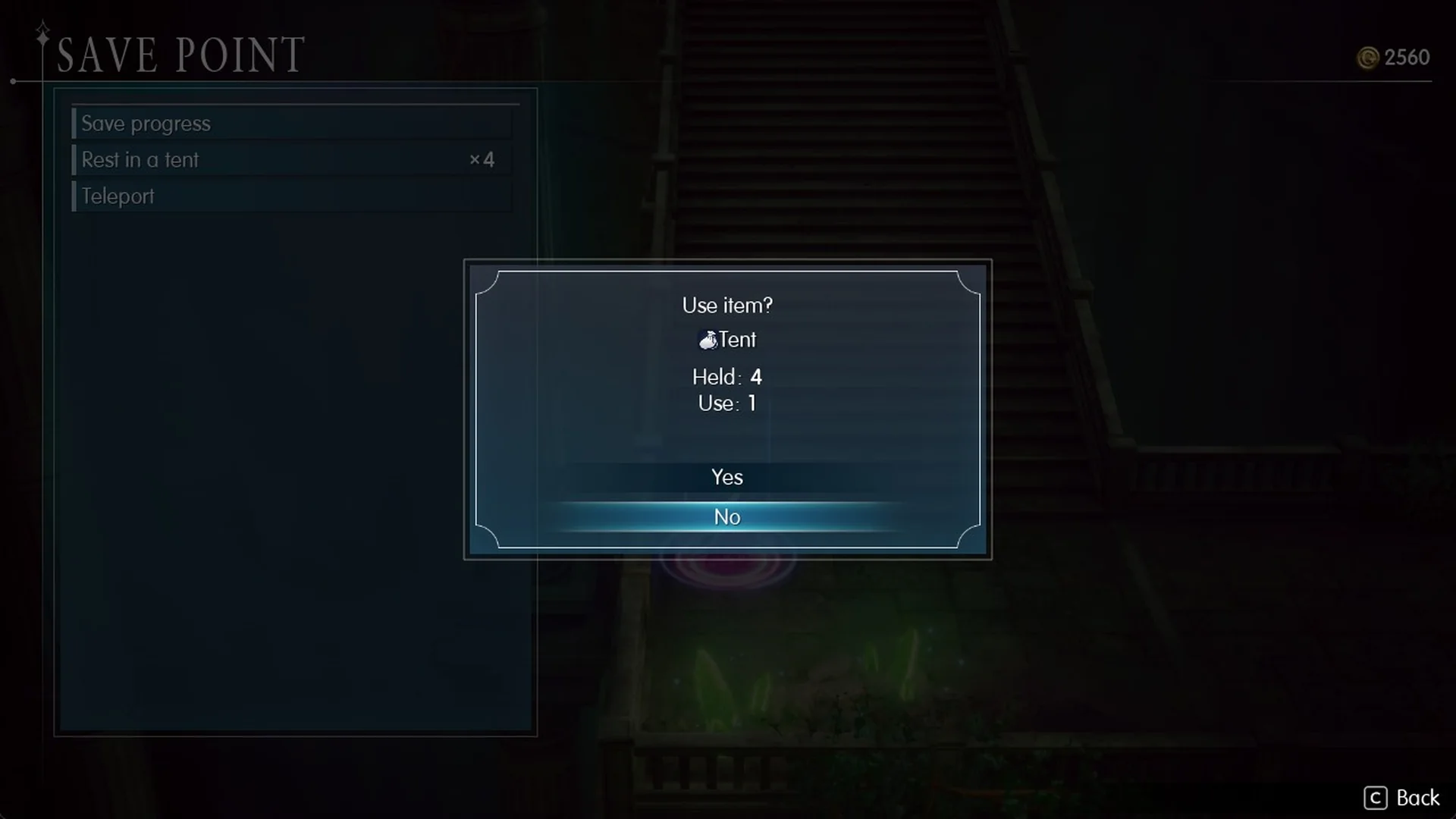Save point menu with Rest in a tent and the Use item? Tent prompt with Yes and No