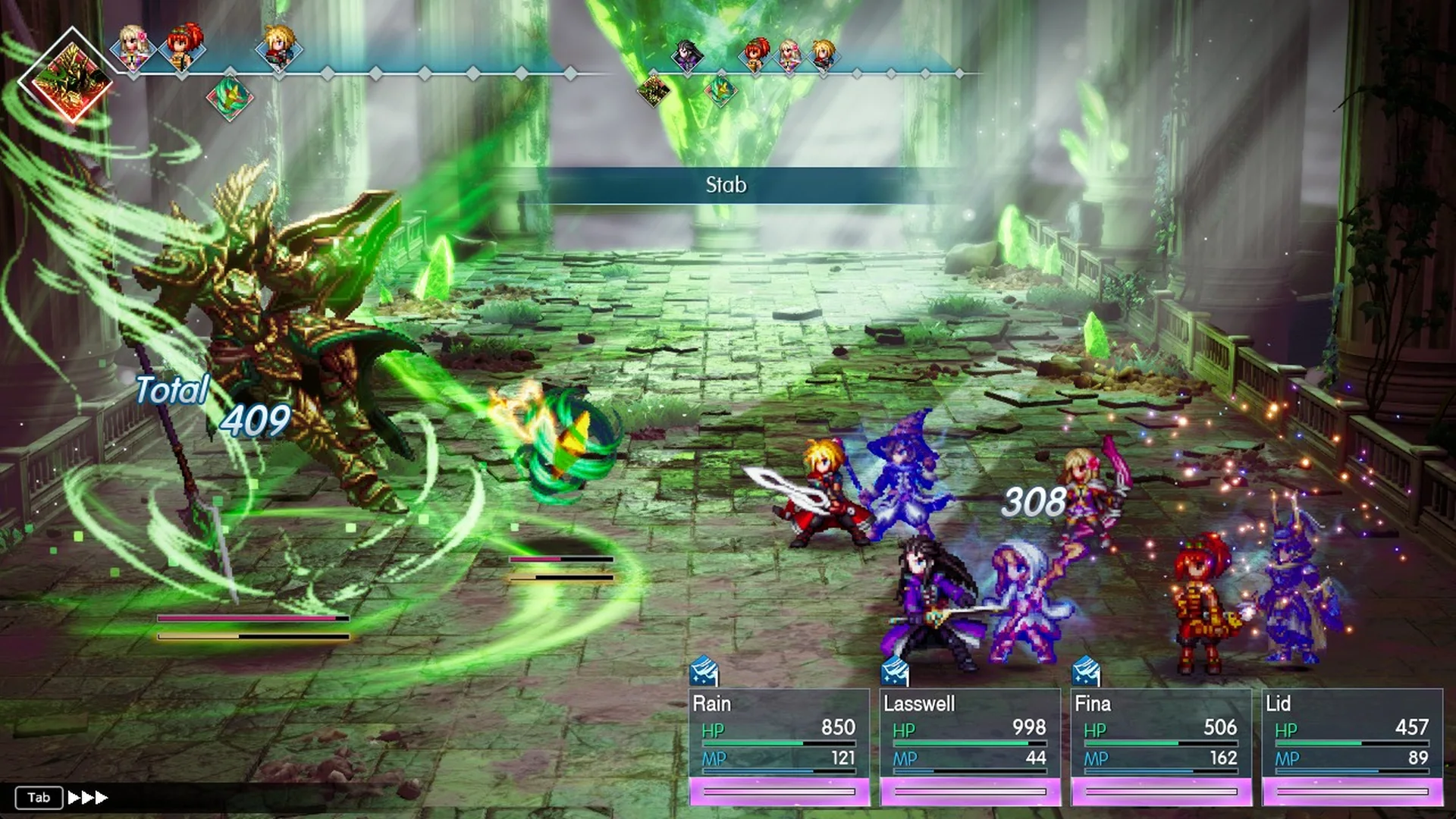 Aether's Stab hitting Fina for 308