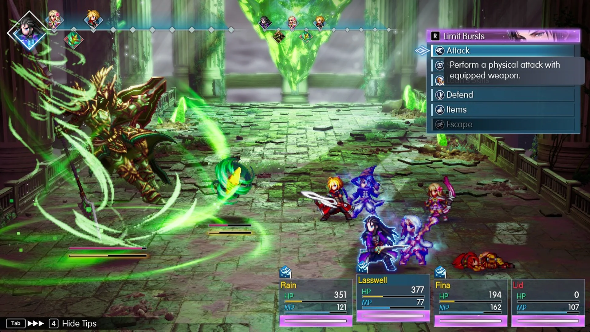 After Heavenly Wind with no buffs: Rain 351, Lasswell 377, Fina 194 and Lid KO