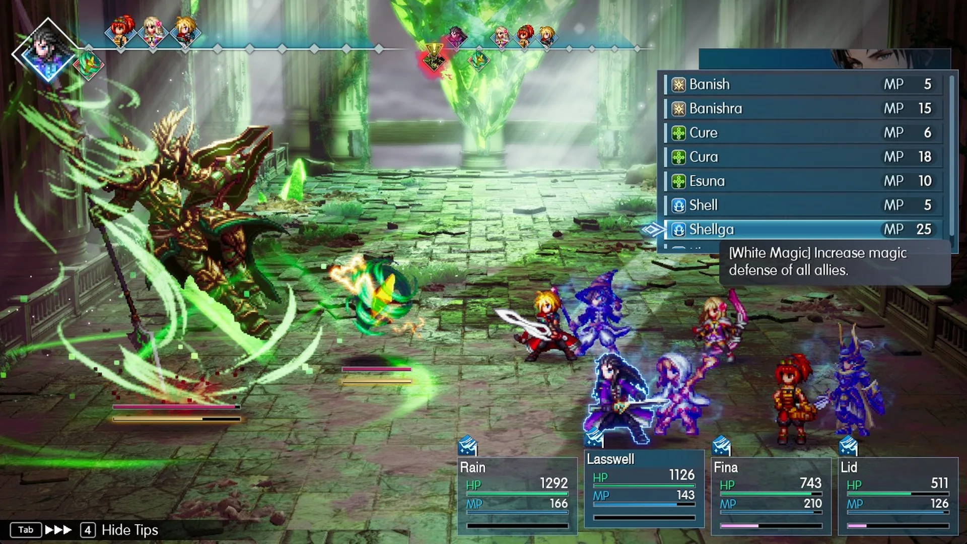 Leah's Skills list with Shellga 25 MP: [White Magic] Increase magic defense of all allies.