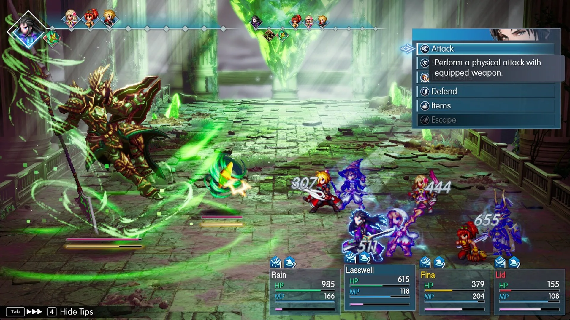 Heavenly Wind with Shellga up hitting 307, 511, 444 and 655, Lid left at 155 HP
