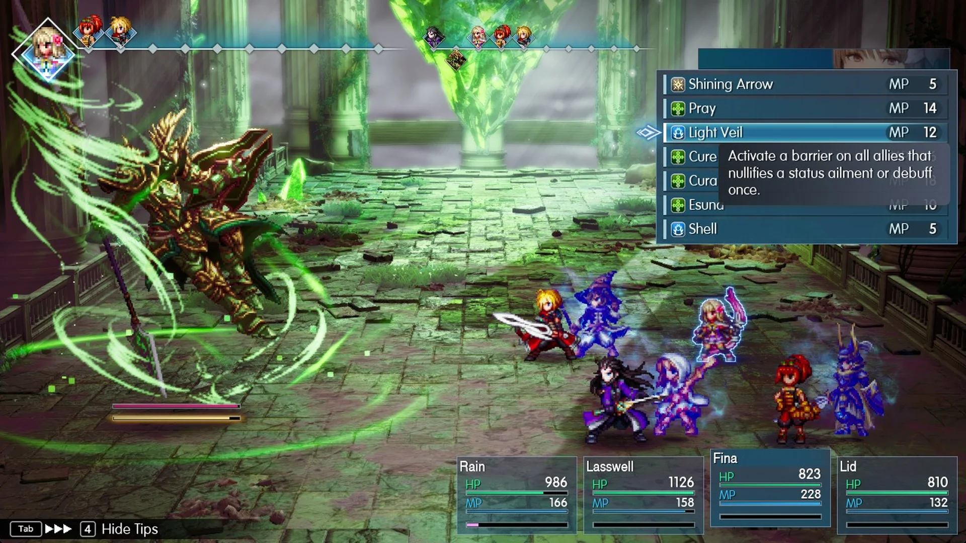 Fina's Light Veil, 12 MP: Activate a barrier on all allies that nullifies a status ailment or debuff once.
