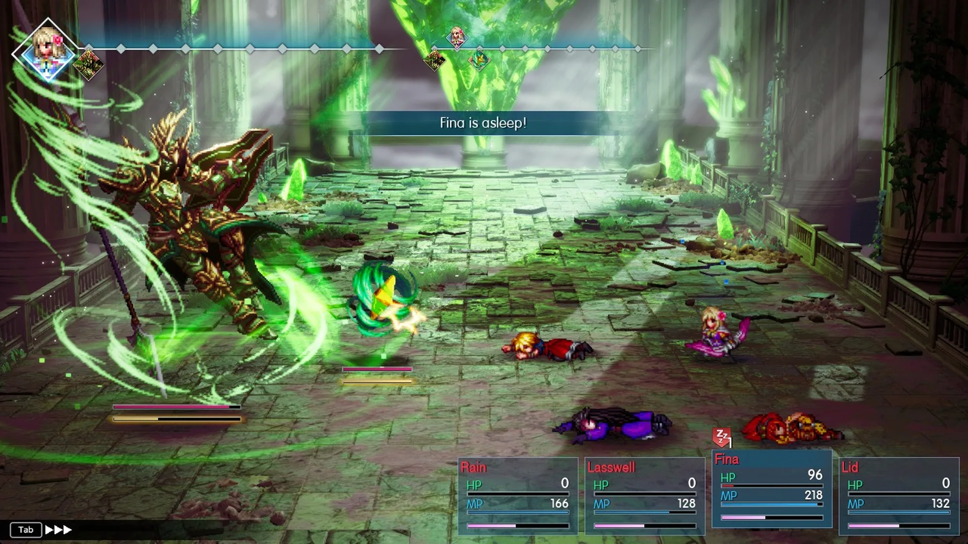 Rain, Lasswell and Lid KO'd with Fina at 96 HP and the banner Fina is asleep!