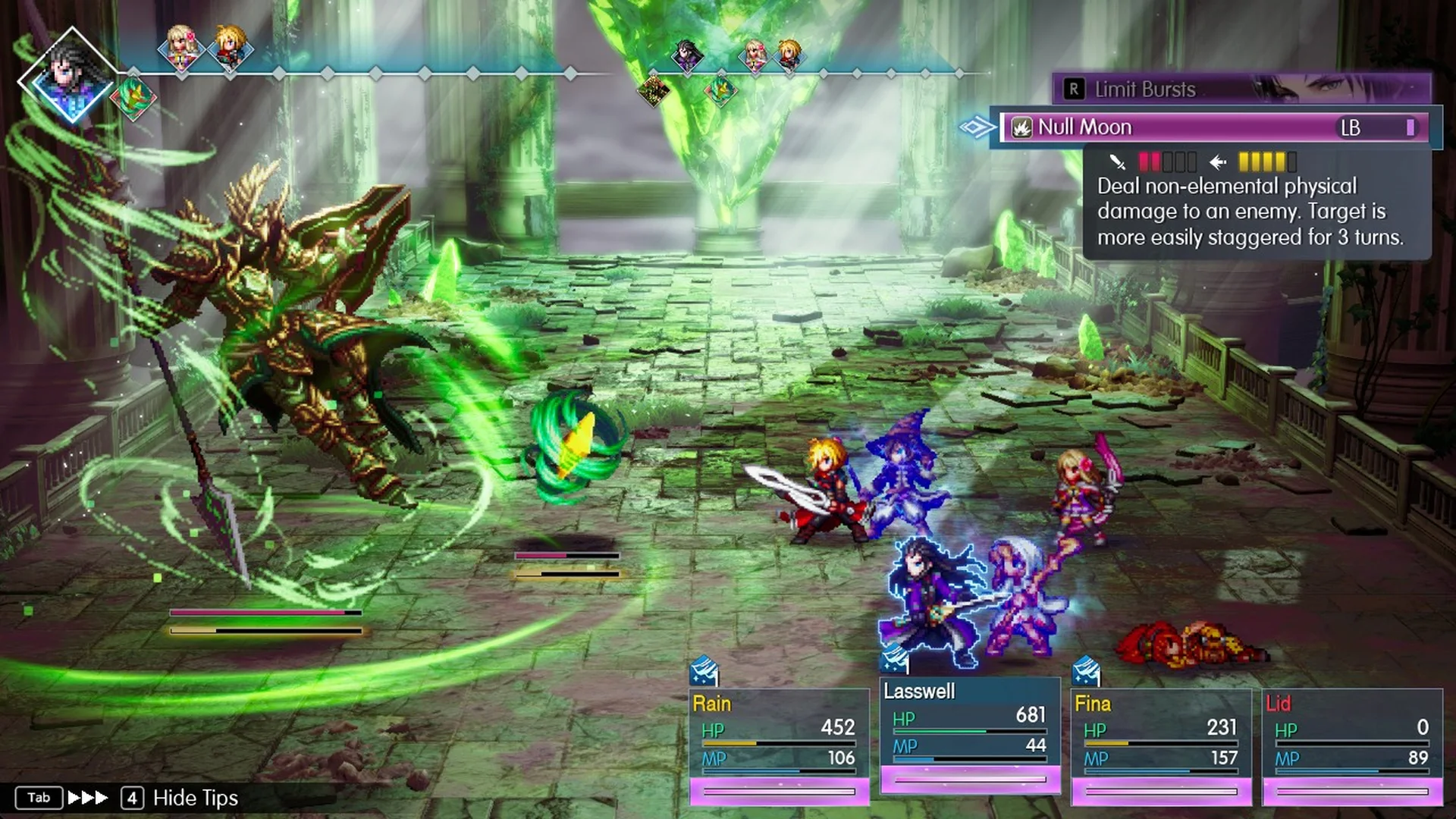 Lasswell's Limit Burst Null Moon: Target is more easily staggered for 3 turns.