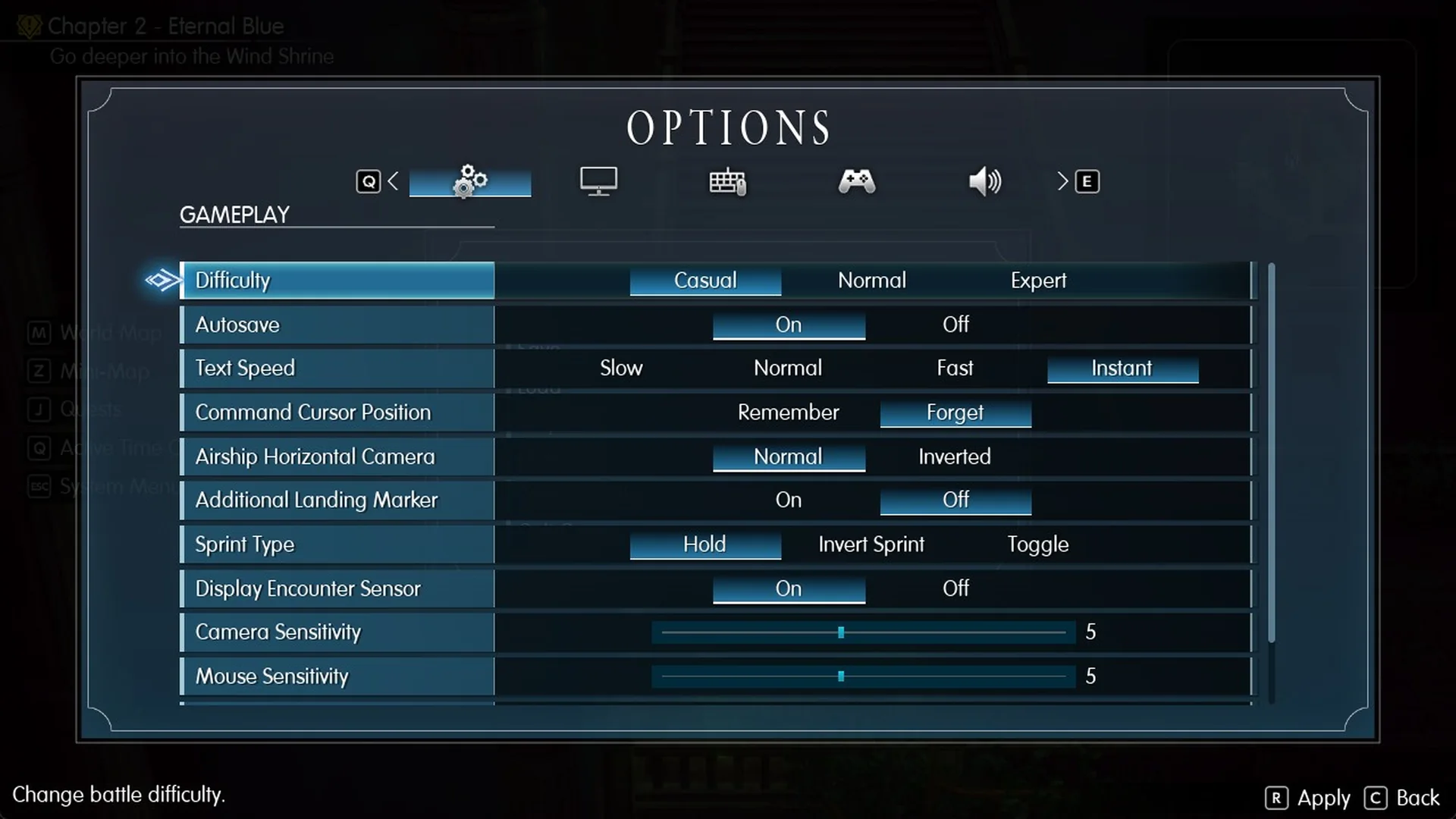 Options Gameplay tab with Difficulty set to Casual: Change battle difficulty.