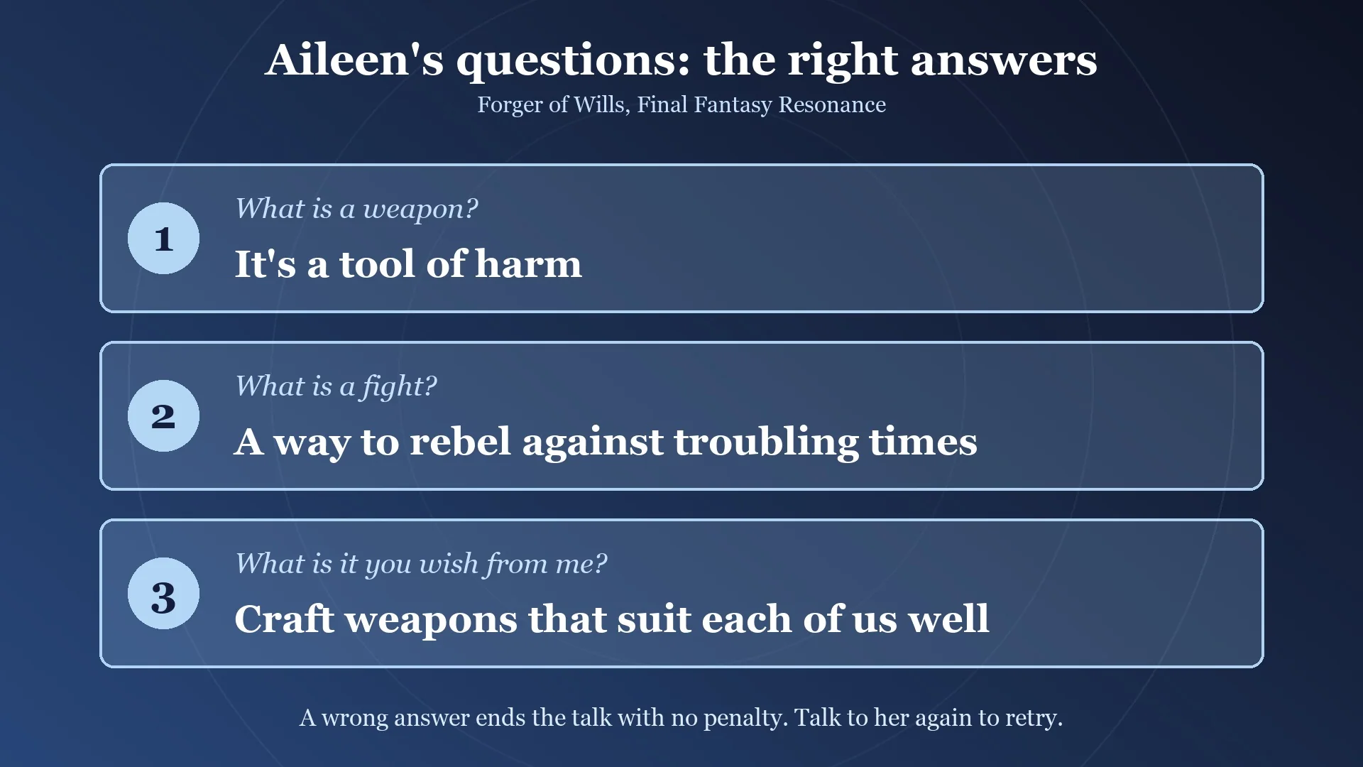 Card listing the right answer to each of Aileen's three questions