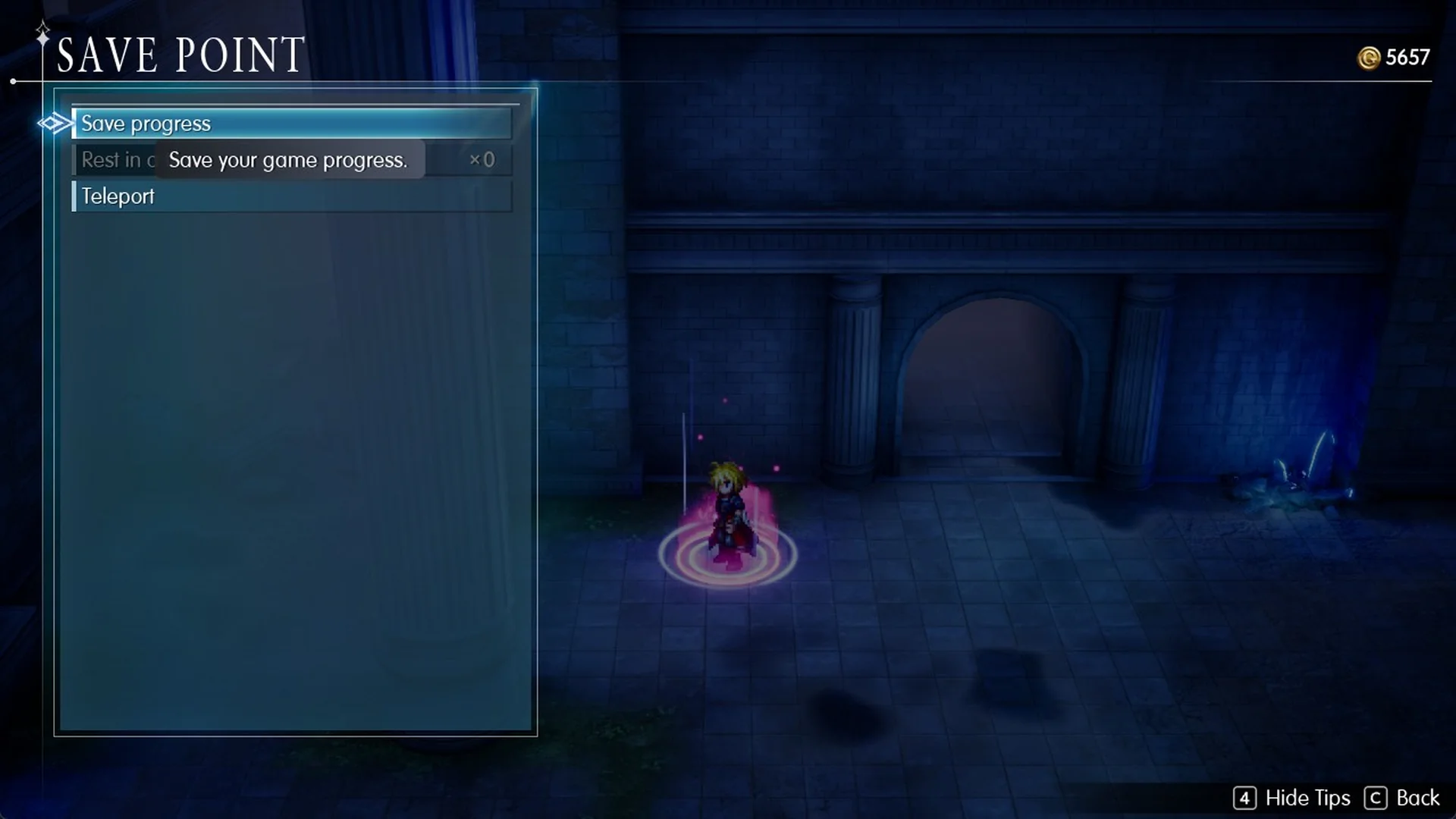 B2 Save Point menu: Save progress, Rest in a tent, Teleport